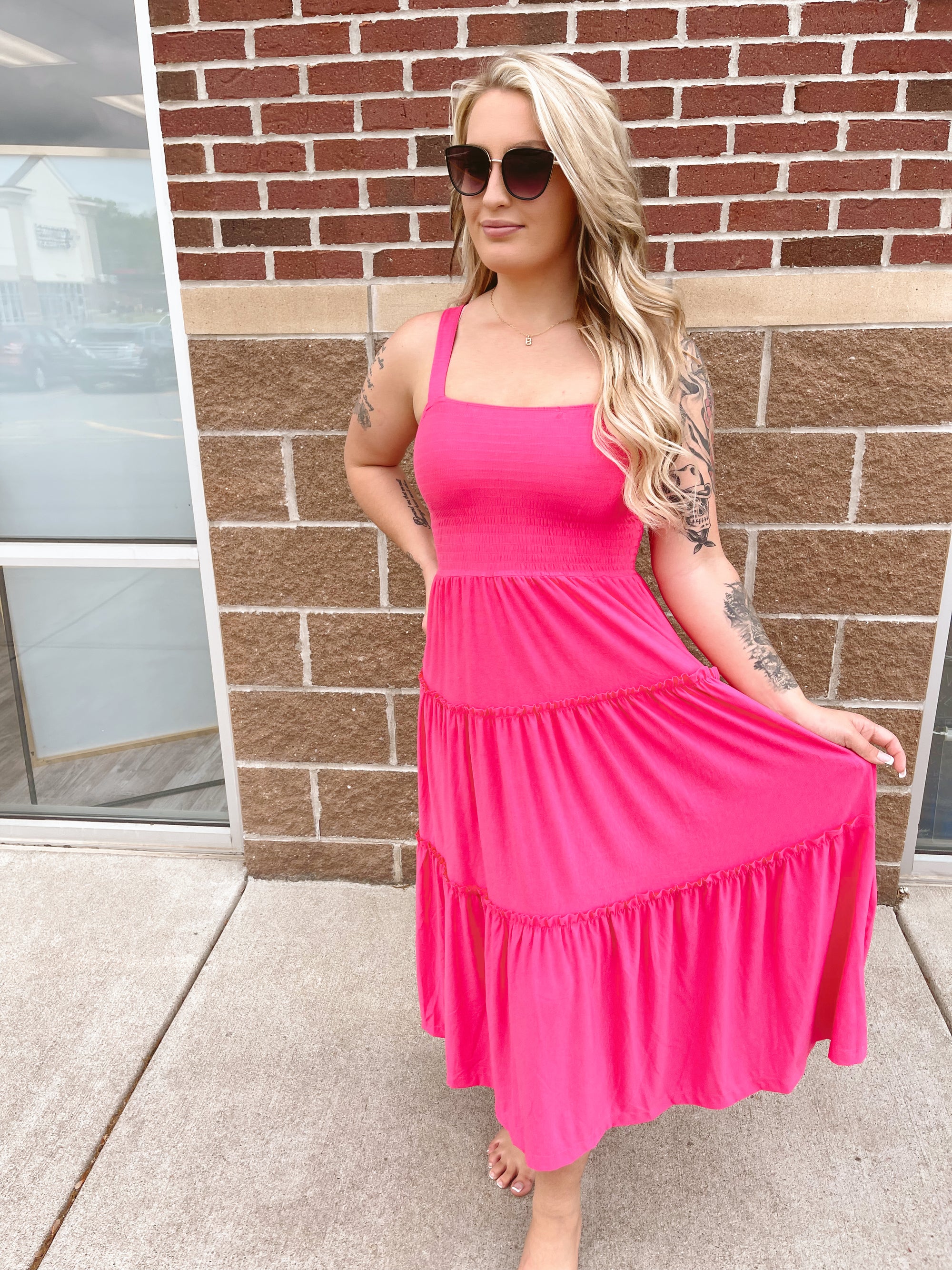 Becca Smocked Midi Dress, Fuchsia