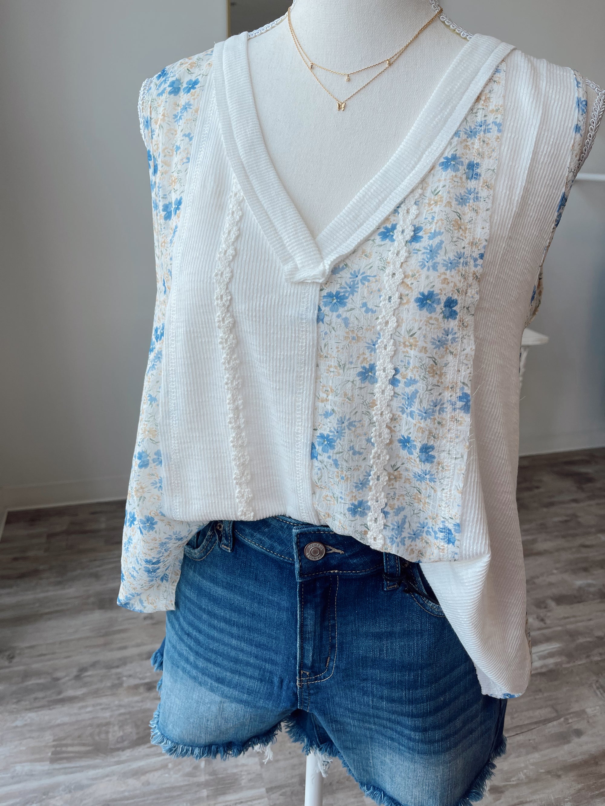 Lace Trim Floral Top, Ivory