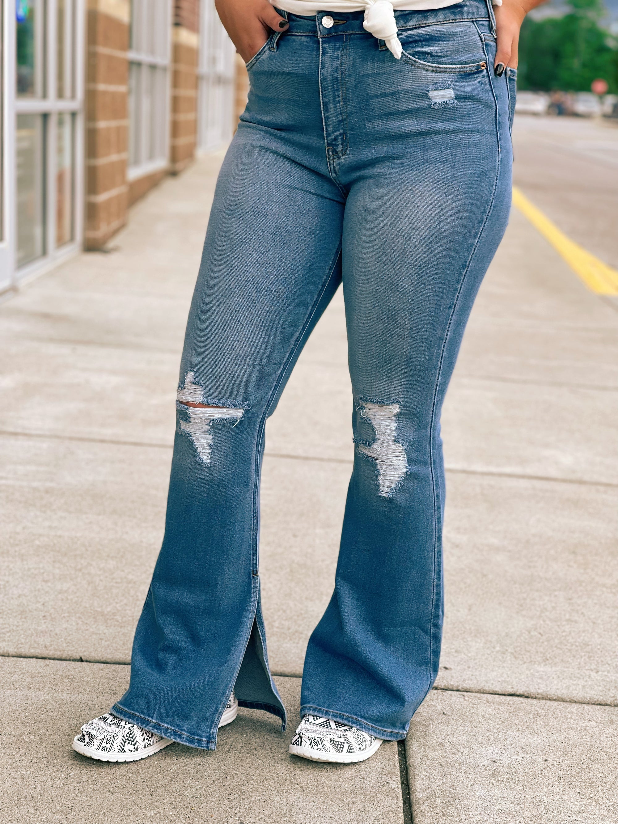 Medium Wash Distressed Slit Flare Jeans