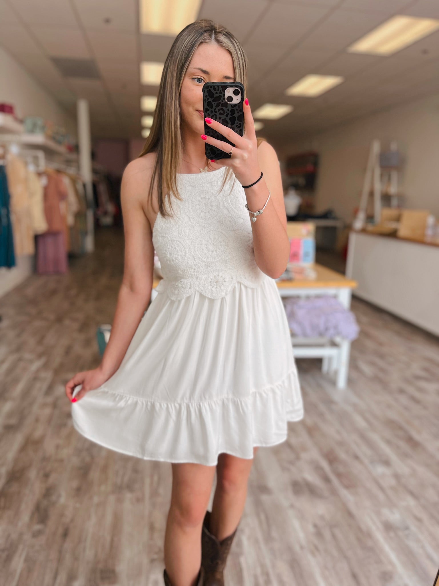 Crochet Trimmed Mini Dress, Off White