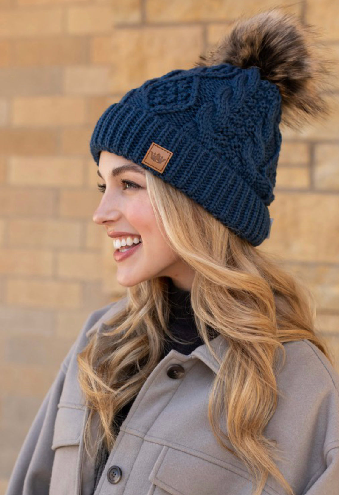 Blue Cable Knit Pom Beanie